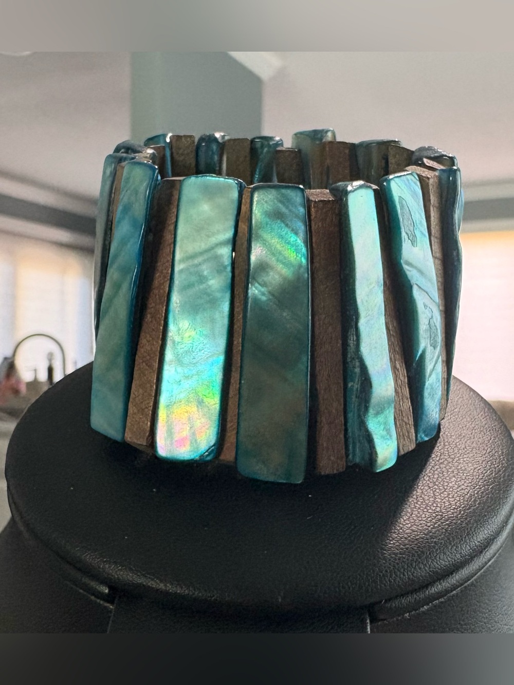 Iridescent Teal Shell & Wood Stretch Bracelet | Coastal Boho Statement Cuff